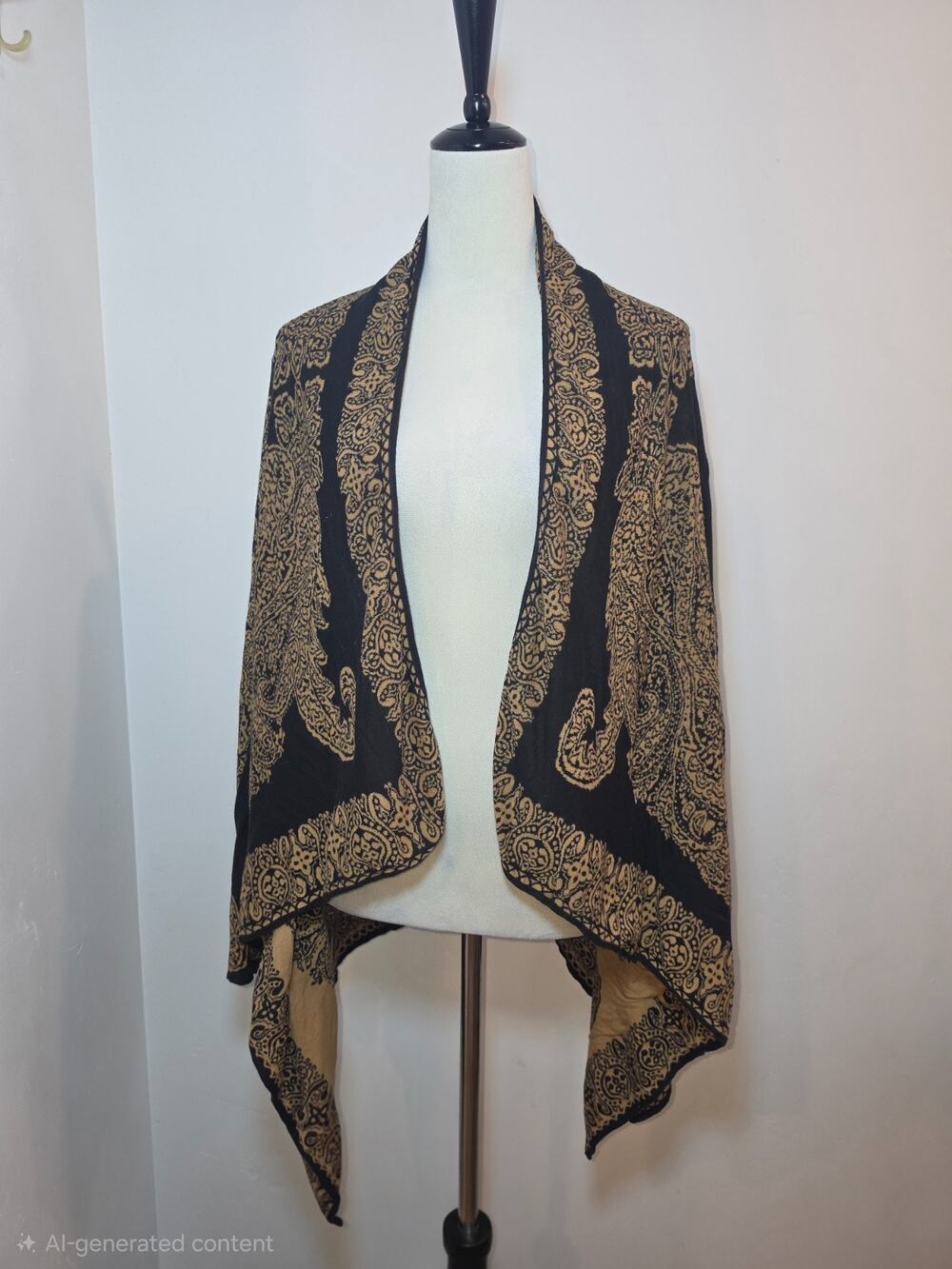 J Jill Brown Black Paisley Longline Open Front Cardigan Size L